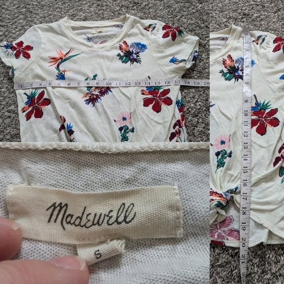 ✨3/$15 Madewell white red pink floral cotton side tie tshirt S - Picture 8 of 10